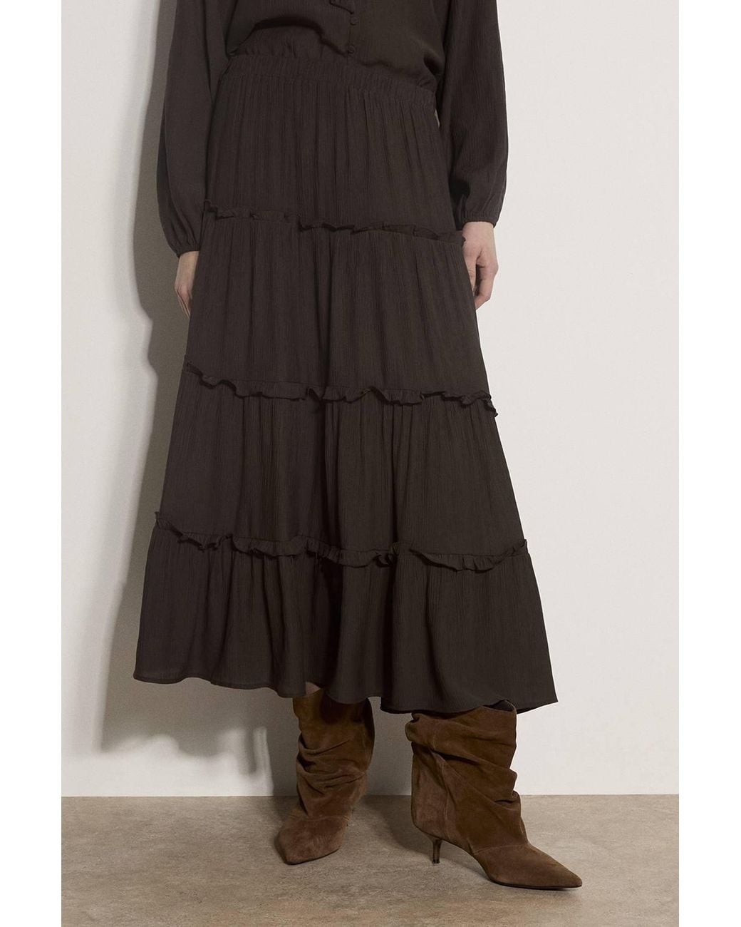 Apricot Brown Ruffle Tiered Maxi Skirt