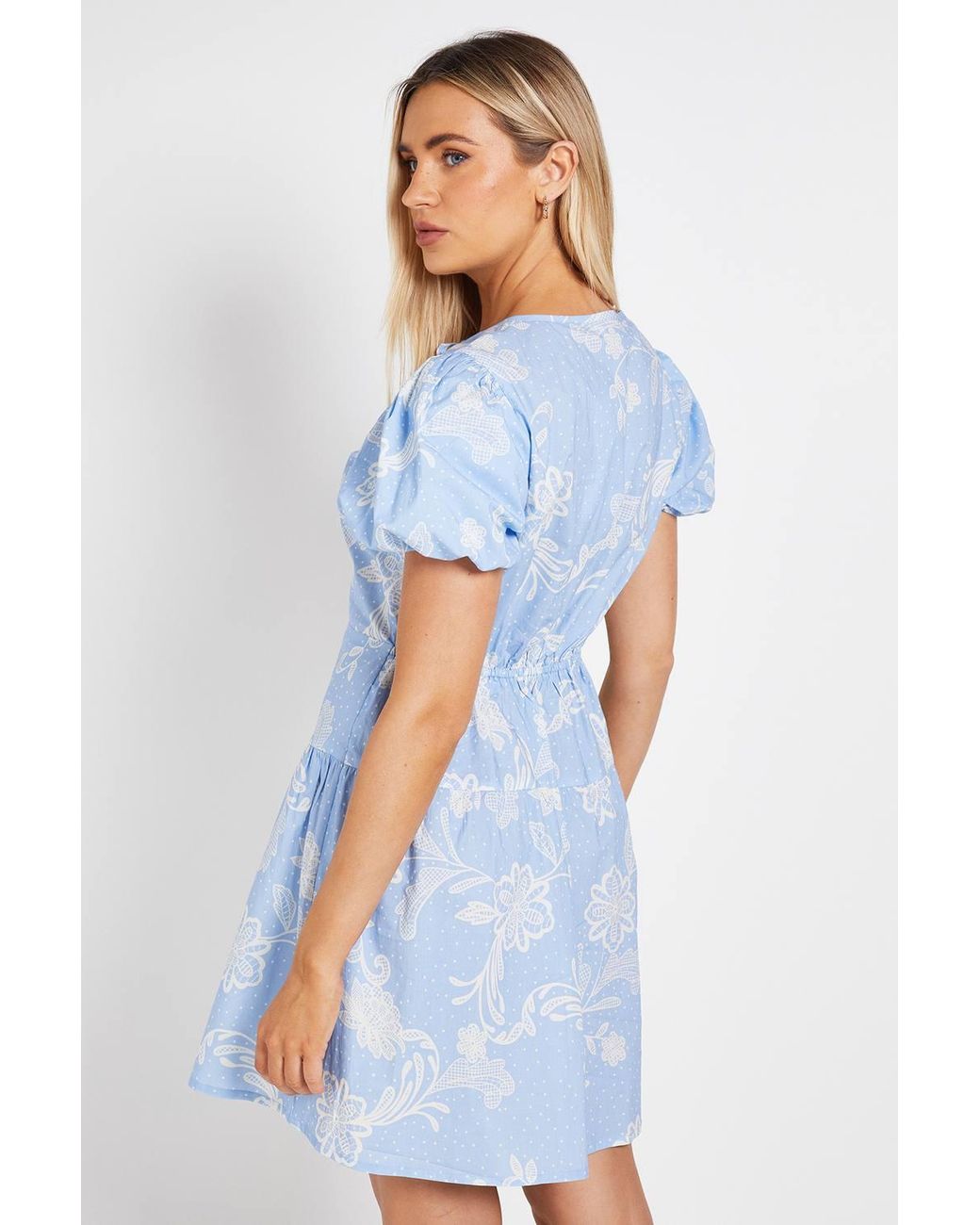 Dorothy Perkins Blue Tie Front Button Detail Puff Sleeve Mini Dress