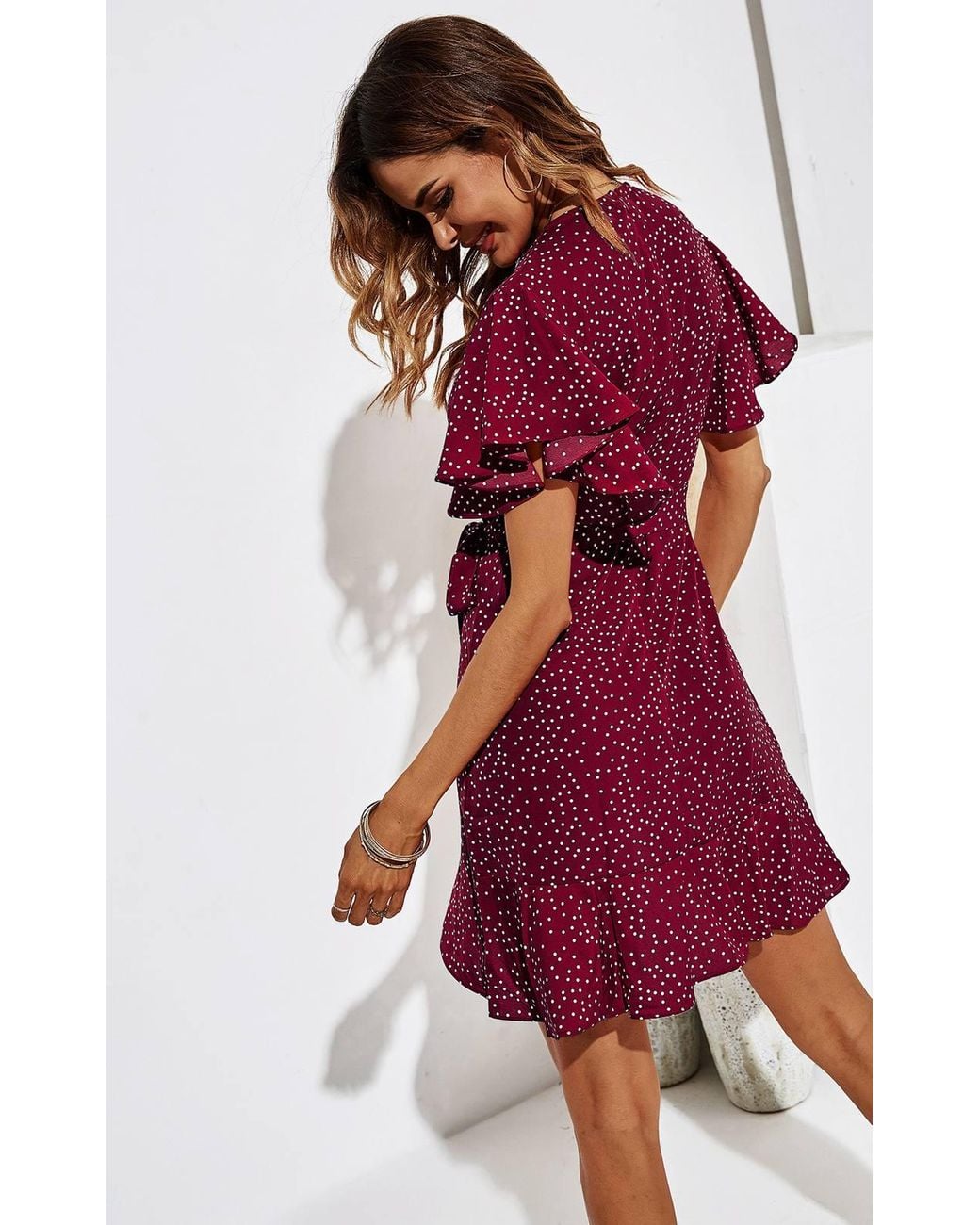 FS Collection Red Polka Dot Mini Wrap Style Dress