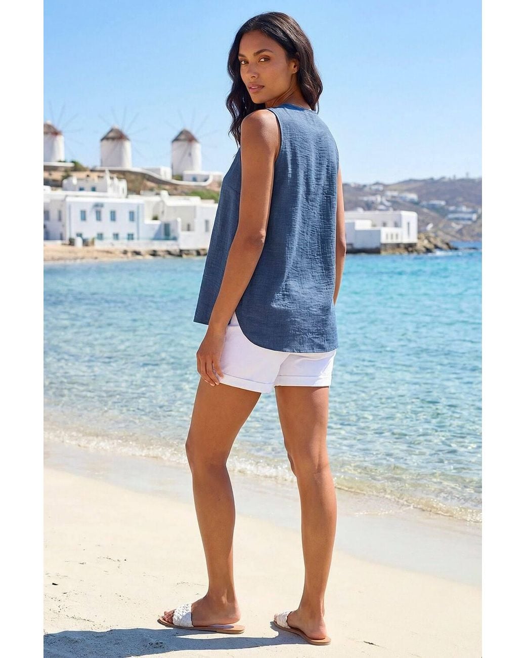 Roman Blue Textured Pleat Front Vest Top
