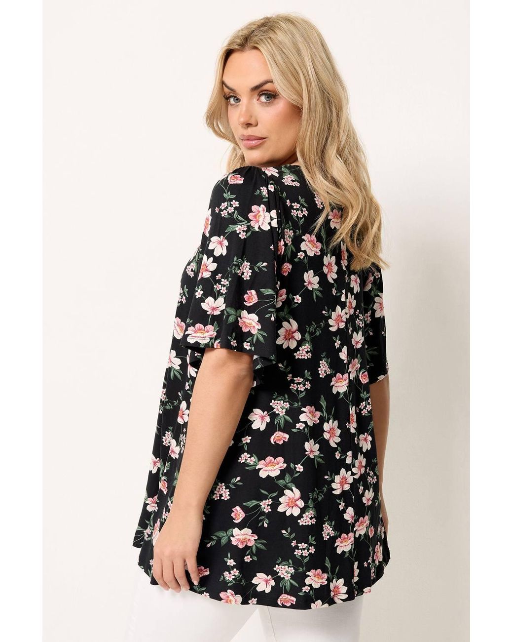 Yours Black Floral Pleat Front Top