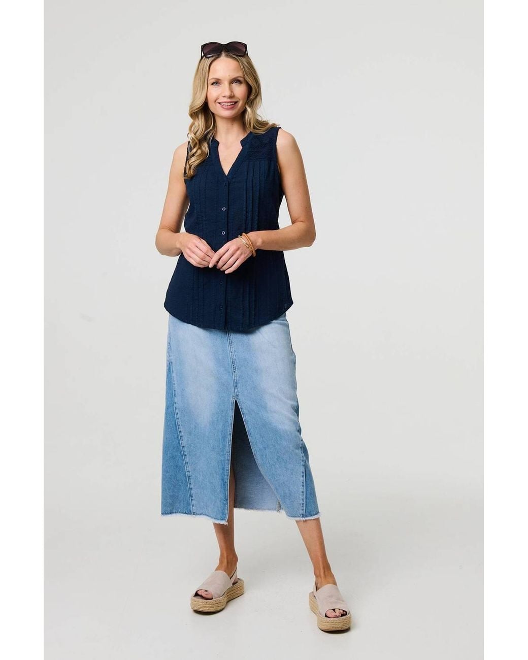 Izabel London Blue Lace Trim Sleeveless V-Neck Blouse