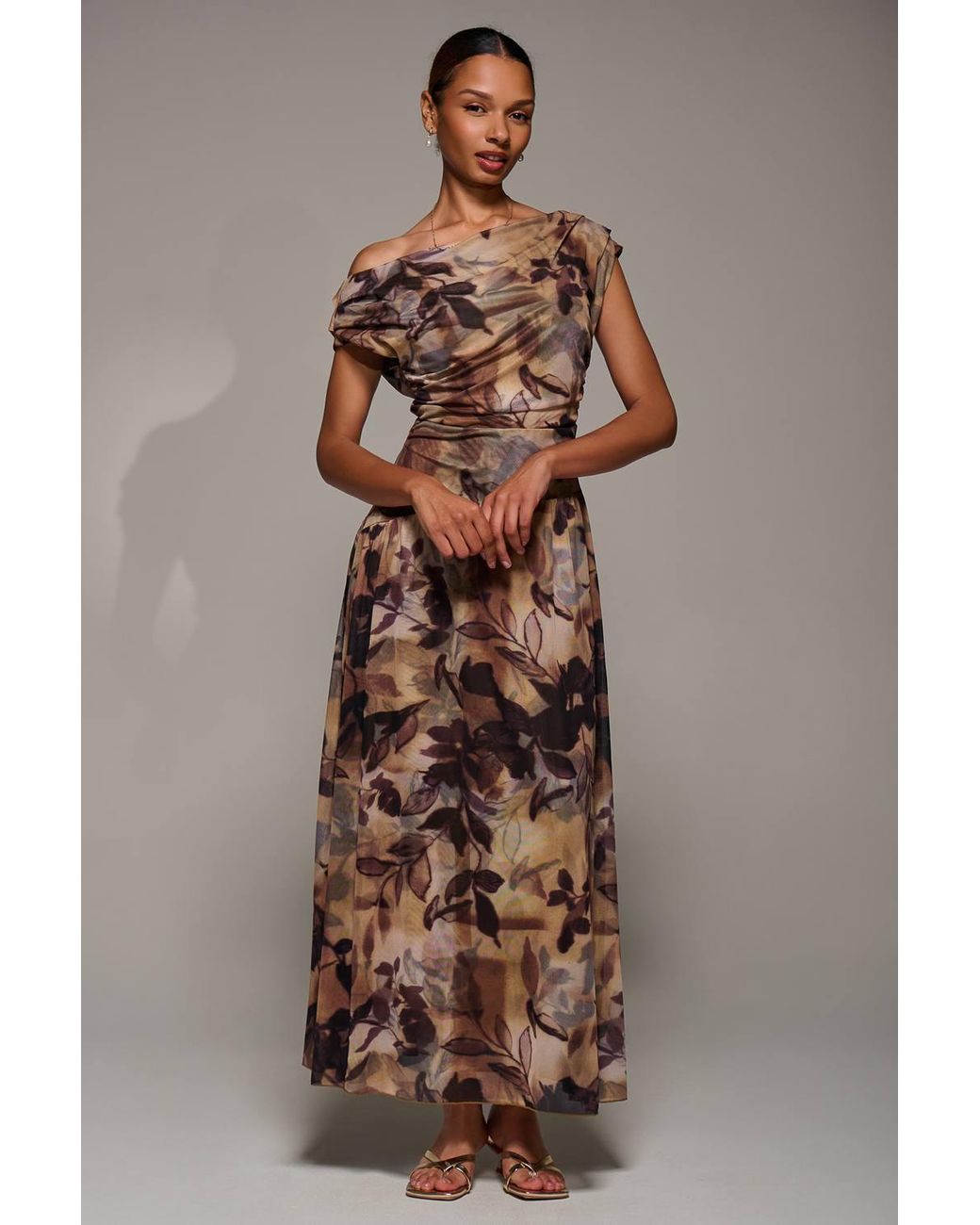 Jolie Moi Brown Asymmetric Draped Mesh Maxi Dress