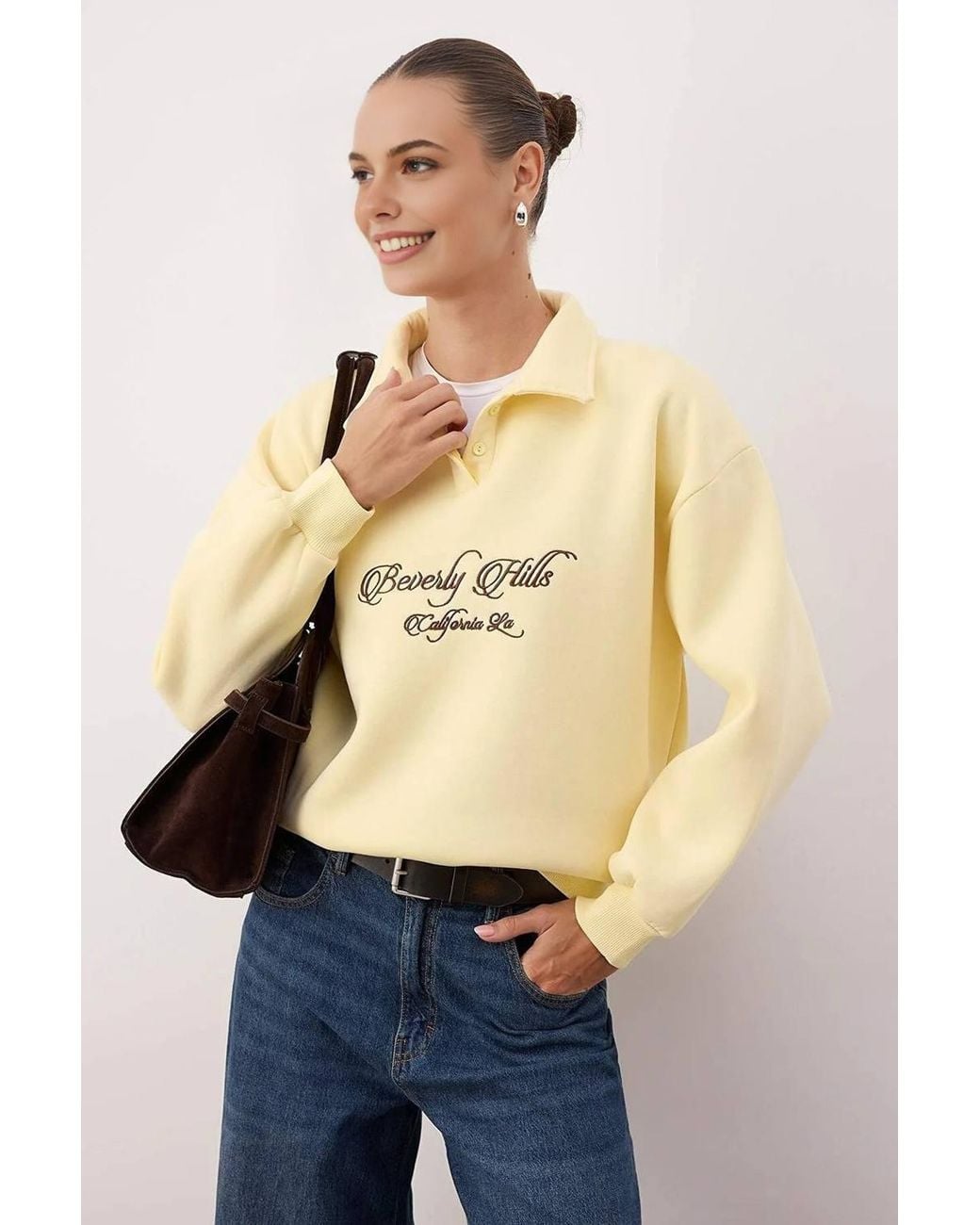 WOVCOR Blue Collared Embroidered Slogan Fleece Sweatshirt
