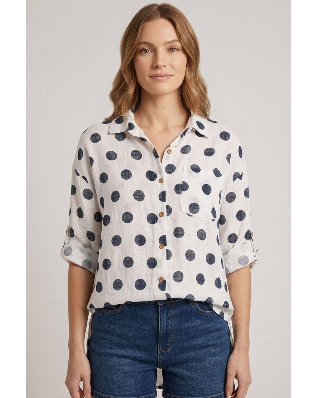Izabel London Blue Polka Dot Print 3/4 Sleeve Relaxed Shirt
