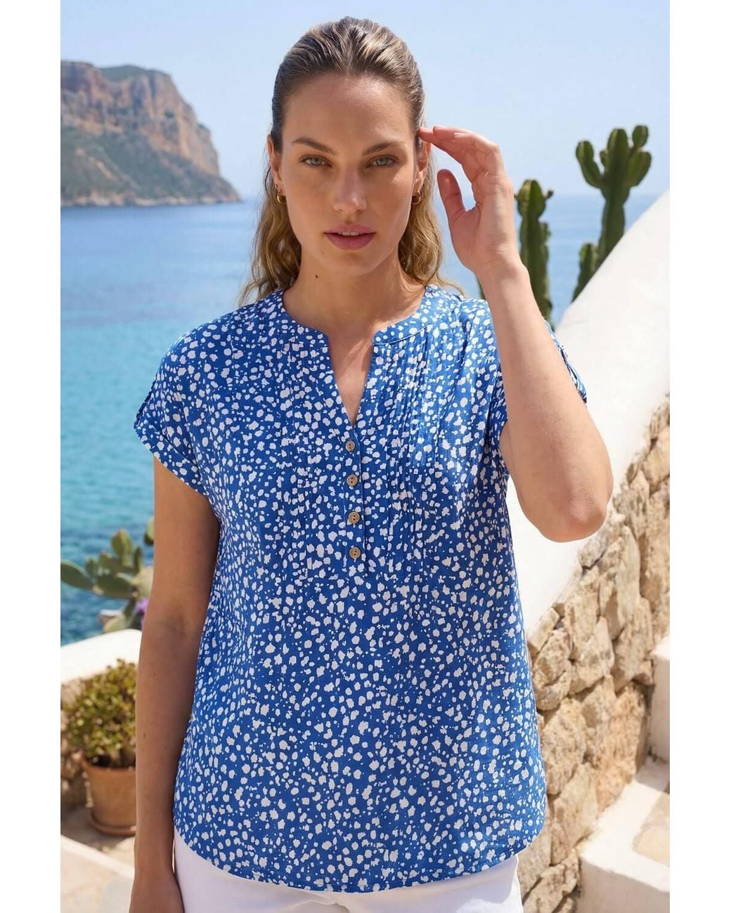 Roman Blue Speck Print V-Neck Button Top