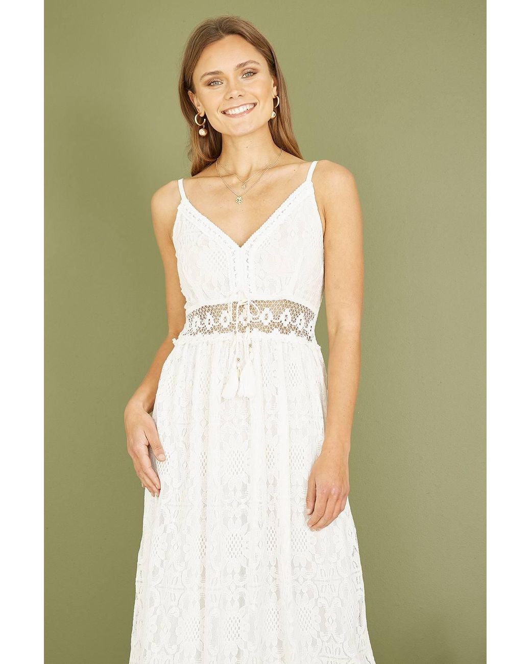 Yumi' Green Lace Midi Sundress W/ Tassel Tie & Ruched Back