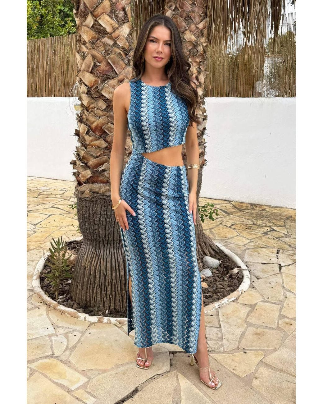 AX Paris Blue Zigzag Crochet Side Waist Cut Out Midi Dress