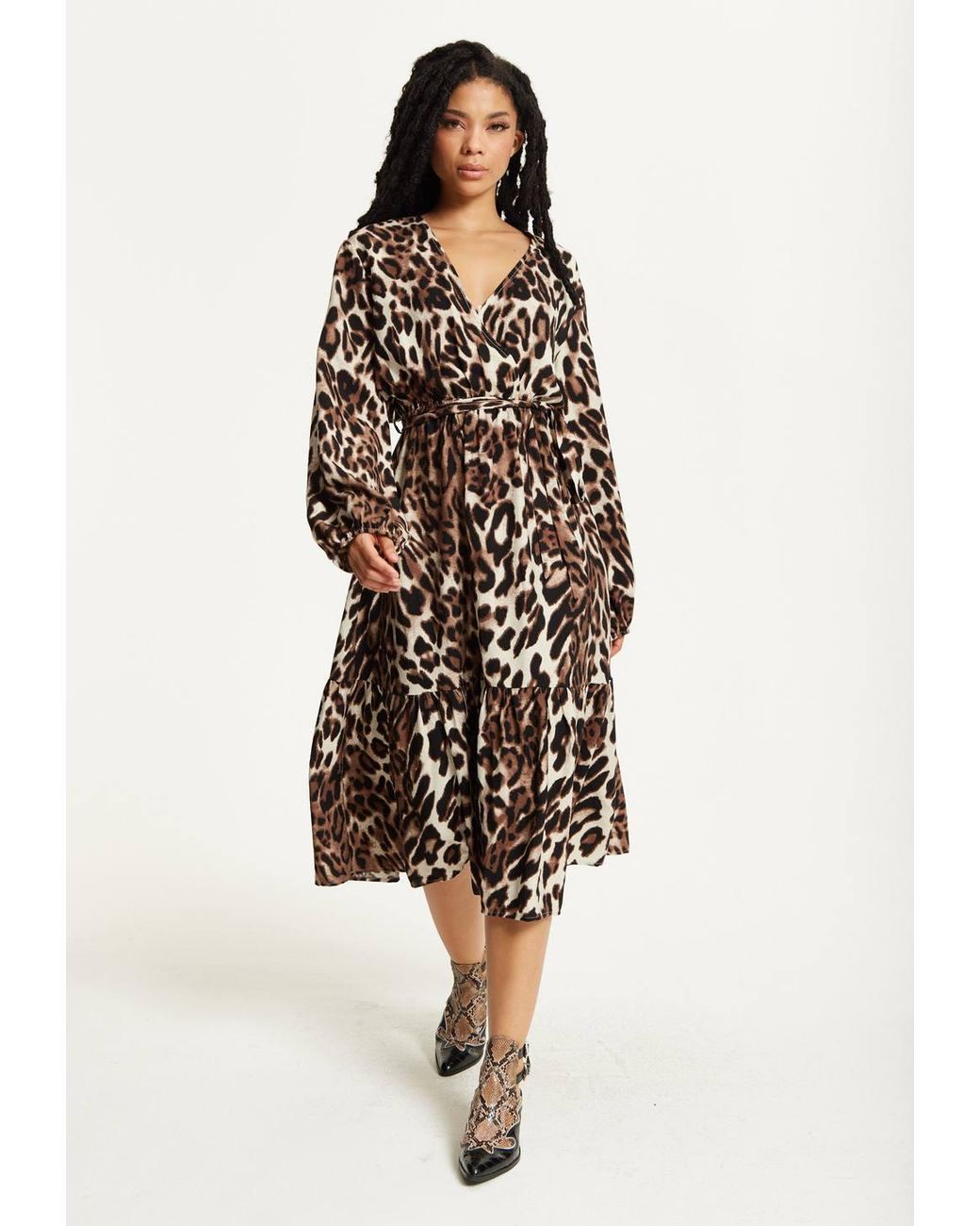 Liquorish White Leopard Print Long Sleeve Midi Dress