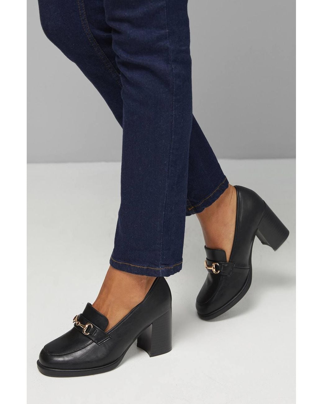 Wallis Blue Wide Fit Daffie Snaffle Trim High Block Heeled Loafers