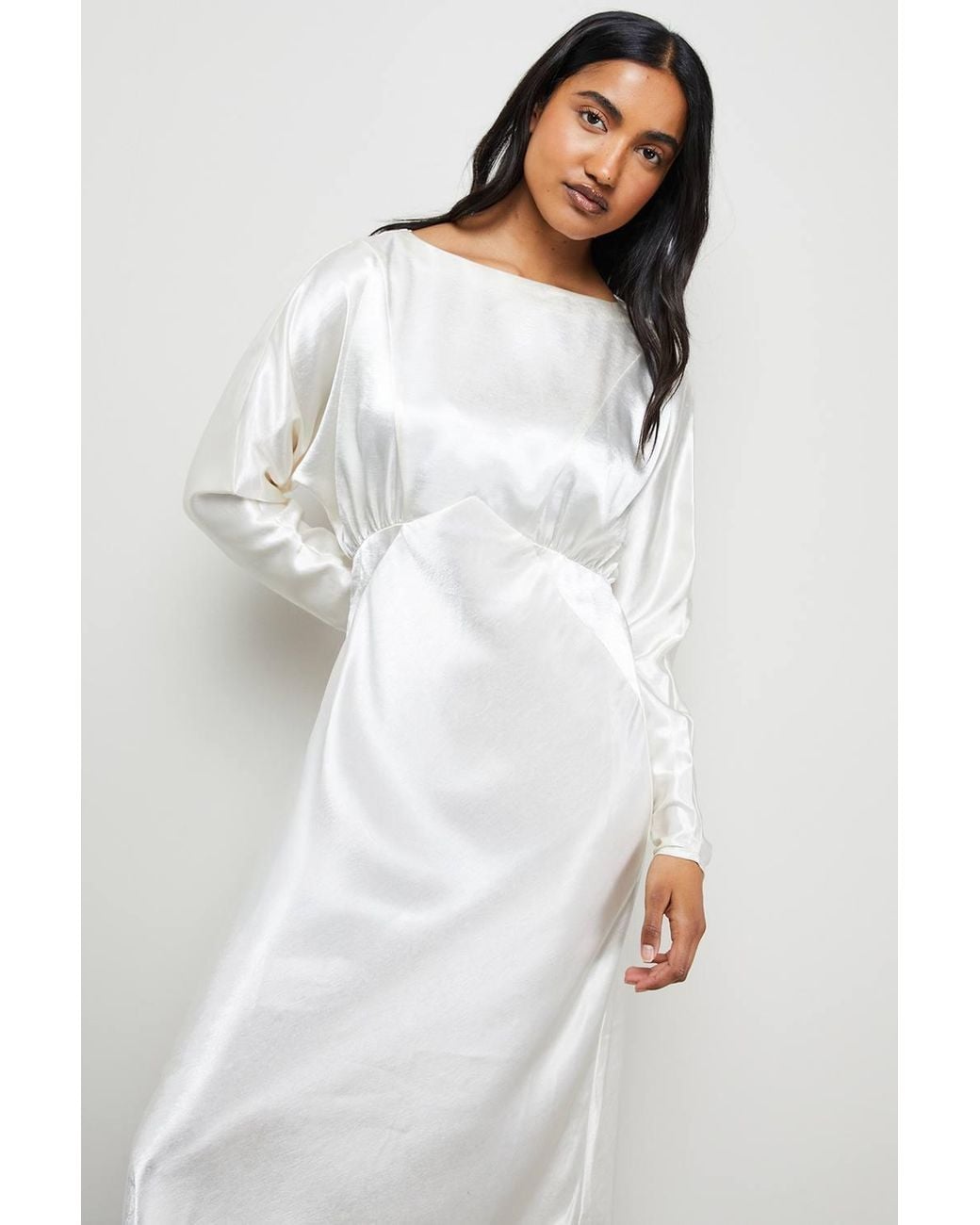 Warehouse White Satin Batwing Draped Midaxi