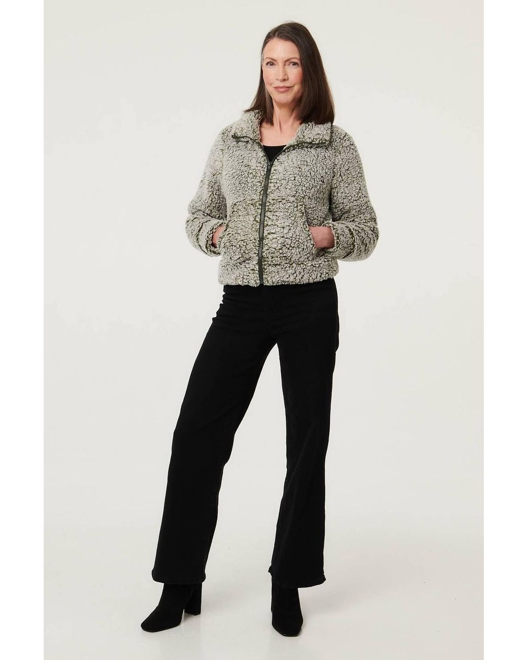 Izabel London Gray Teddy Textured Relaxed Zip-Up Jacket