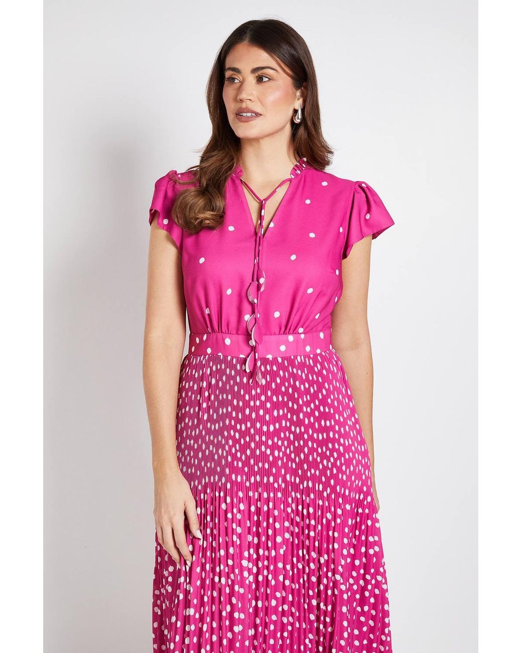 Wallis Pink Polka Dot Ruffle Neck Pleated Midi Dress