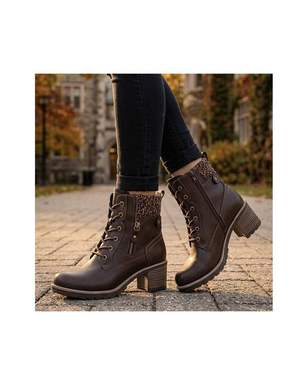 Pavers Brown Relife Block Heeled Knitted Cuff Ankle Boots