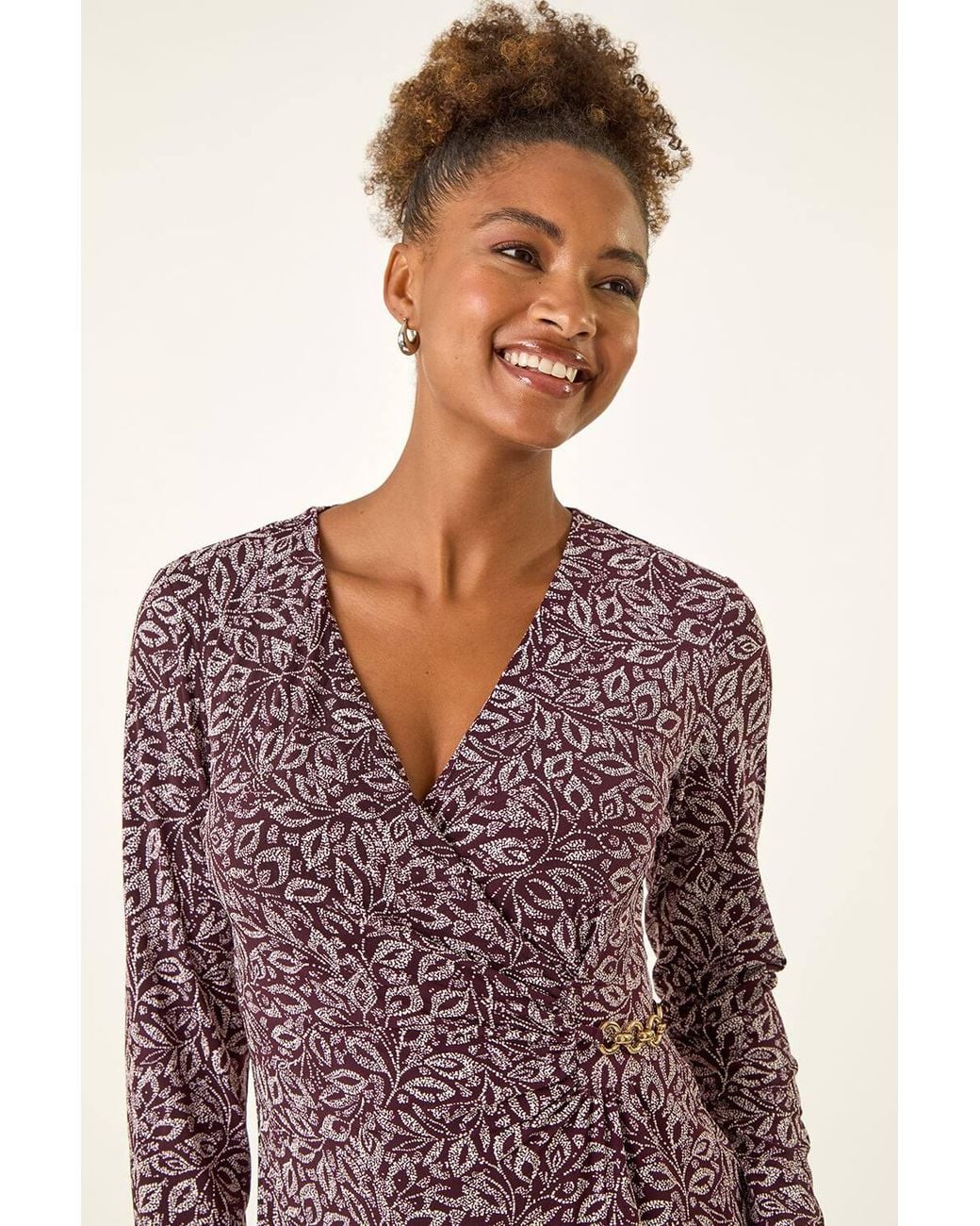 Roman Purple Leaf Print Chain Detail Midi Dress
