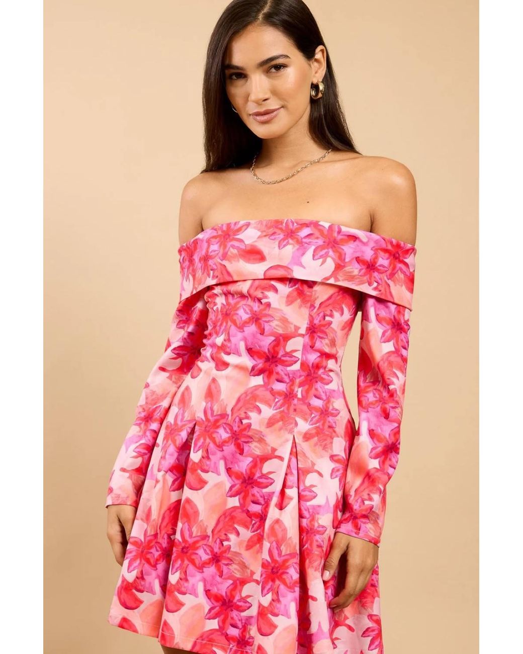 Little Mistress Pink Floral Print Bardot Mini Dress