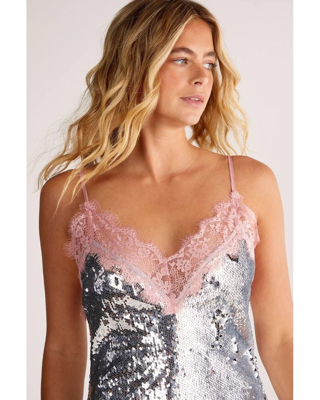 Nasty Gal White Sequin Lace Trim Mini Slip Dress