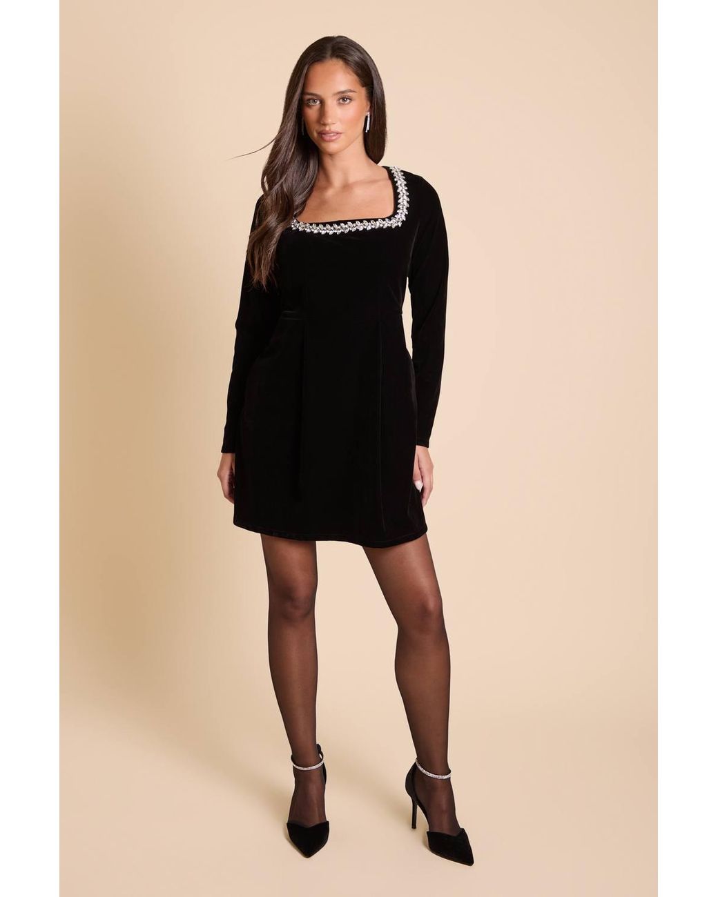 Dorothy Perkins Black Velvet Embellished Neckline Structured Mini Dress