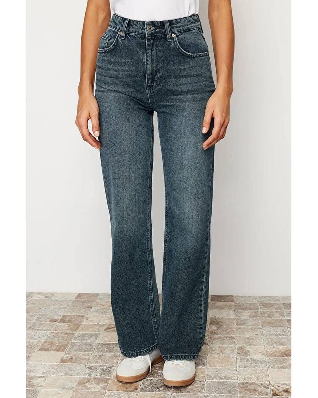 WOVCOR Blue Faded Effect Vintage High Waist Wide Leg Jeans