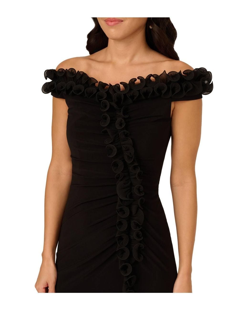 Adrianna Papell Black Jersey Ruffle Trim Gown Dress
