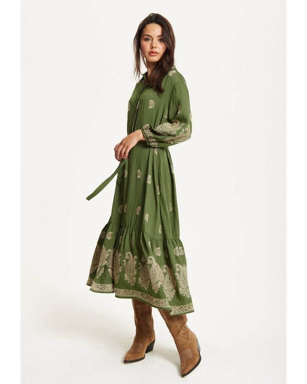 Liquorish Green Paisley Embroidered Midi Shirt Dress