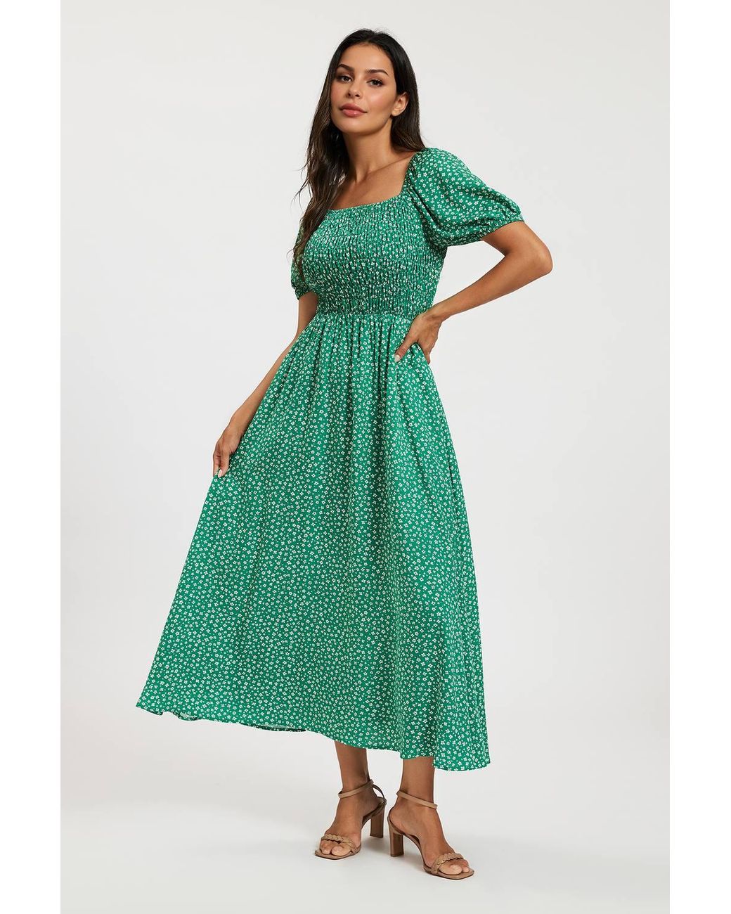 FS Collection Green Floral Shirred Square Neck Midi Dress W/ Puff Sleeves