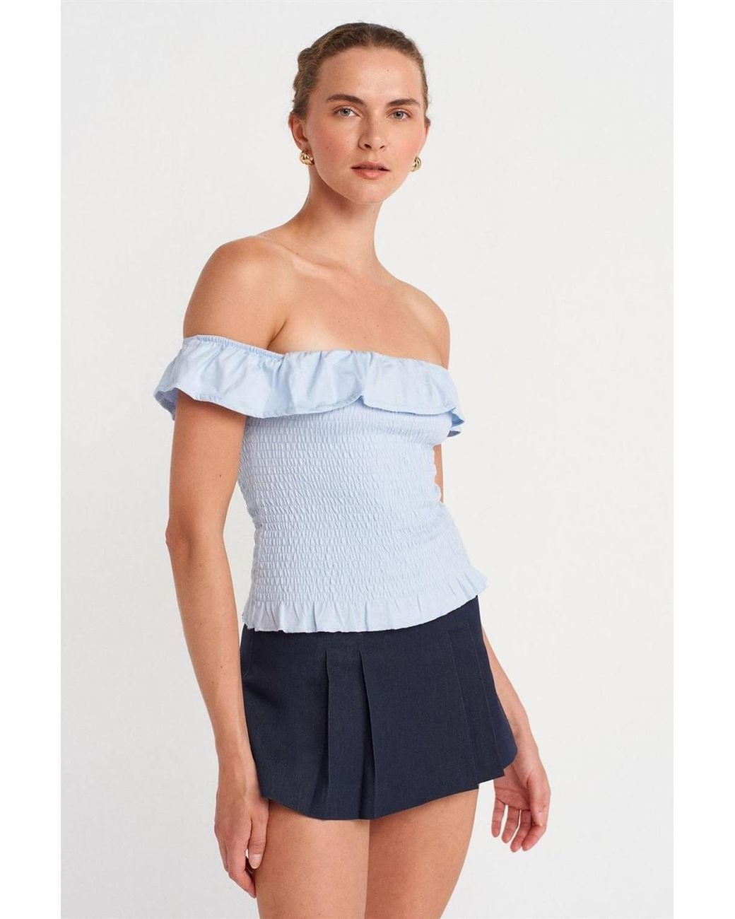 Dilvin White Off-Shoulder Ribbed Crop Blouse