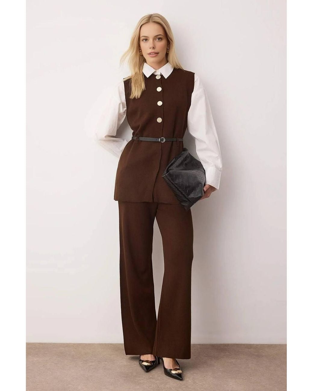 WOVCOR Brown Button Belt Detail Knit Top & Wide Leg Trouser Co-Ord Set