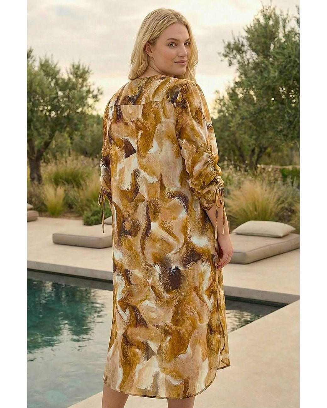Roman Brown Curve Swirl Print V-Neck Midi Dress