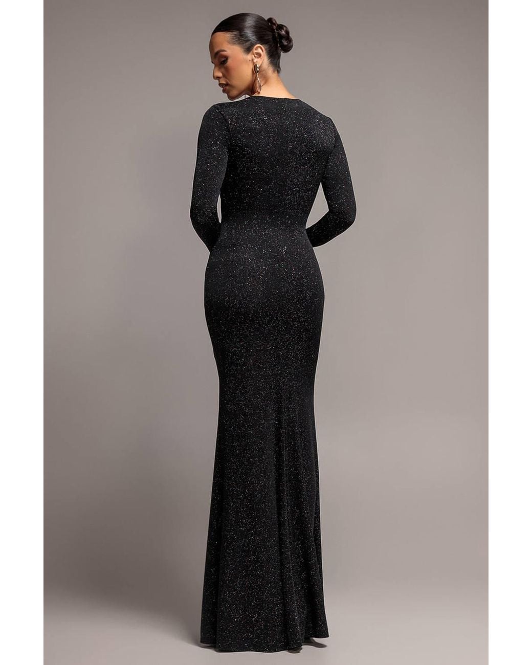 Goddiva Black Plunge Neck Long Sleeve Front Draped Lurex Maxi Dress