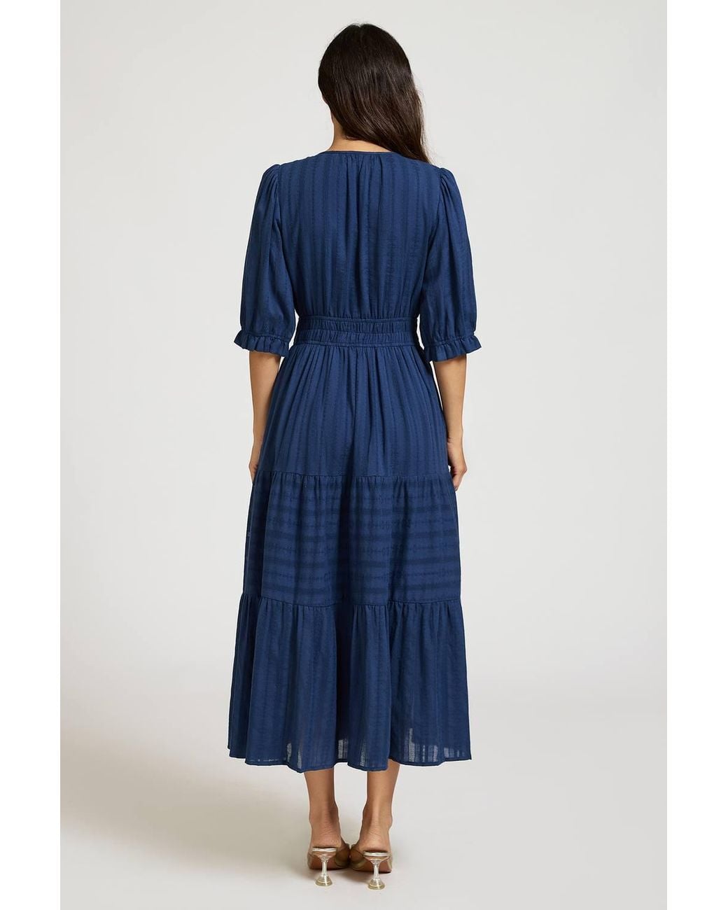 FS Collection Blue Half Sleeve Cotton Floral Jacquard Tiered Midi Dress