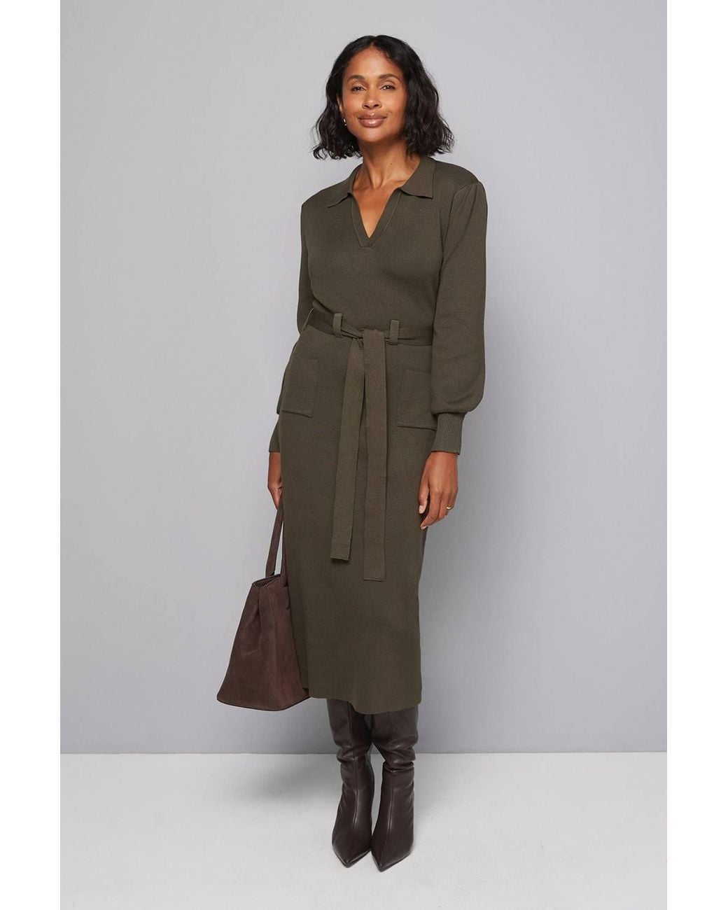 Wallis Green Collared Belted Midi Dress