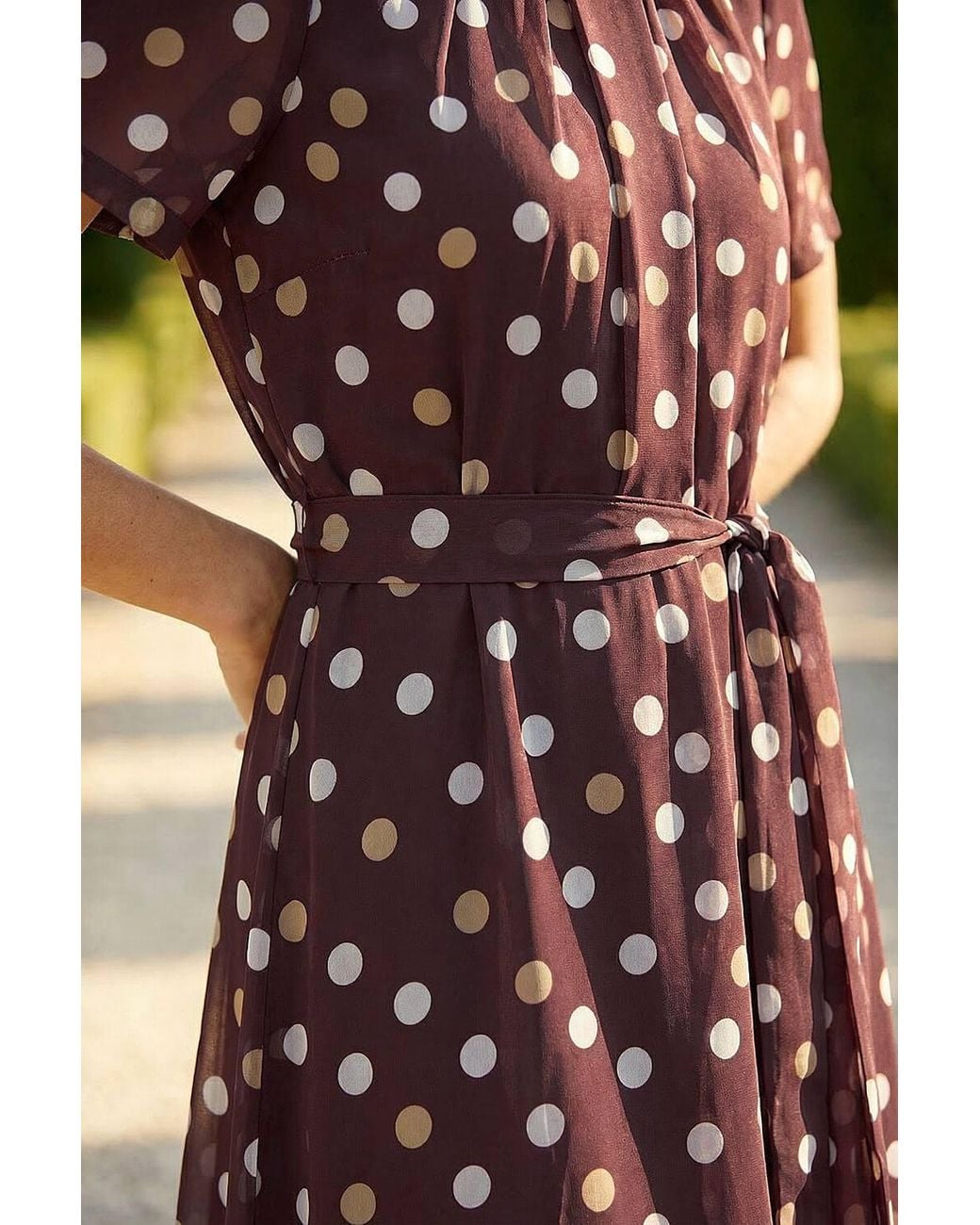 Roman Brown Polka Dot Pleat Neck Midi Dress