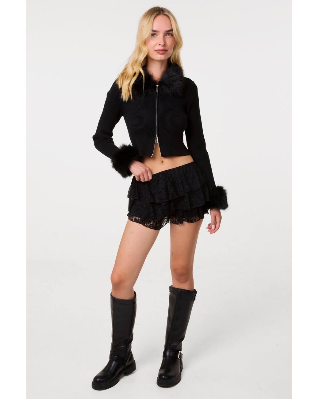 Pink Vanilla Black Fur Trim Zip Through Cardigan