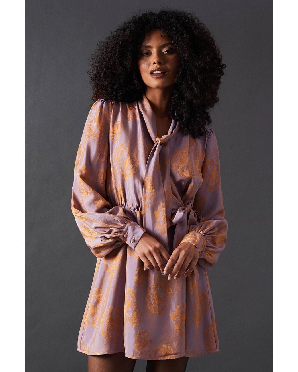 Warehouse Gray Satin Rose Jacquard Tie Neck Flippy Mini Dress