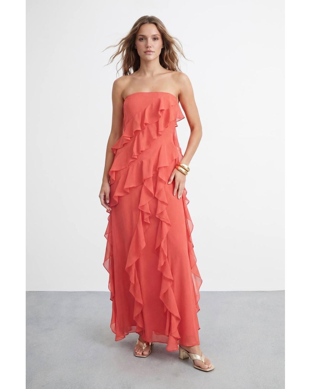 Warehouse Bandeau Layered Ruffle Maxi Dress