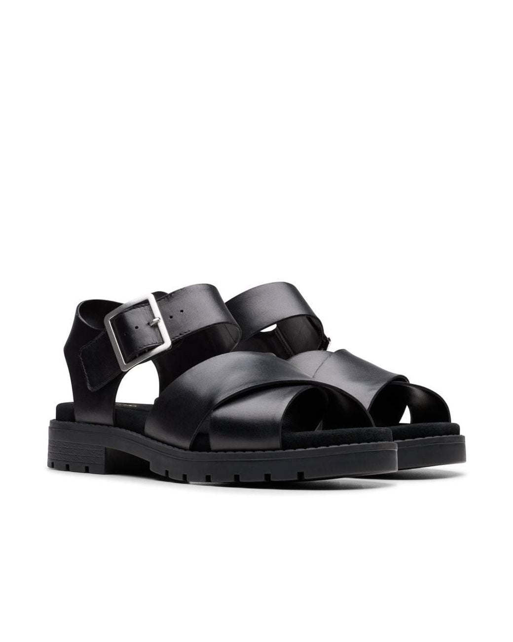 Clarks Black Orinoco Cross Leather Flat Sandals