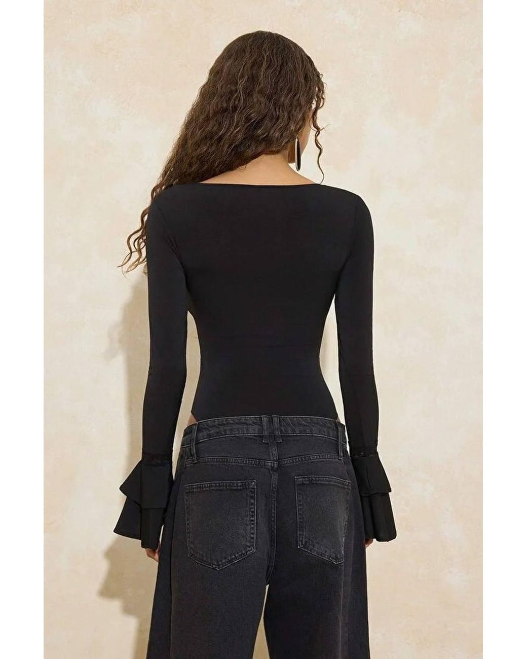 WOVCOR Blue Lace Trim Flared Sleeve Knit Bodysuit