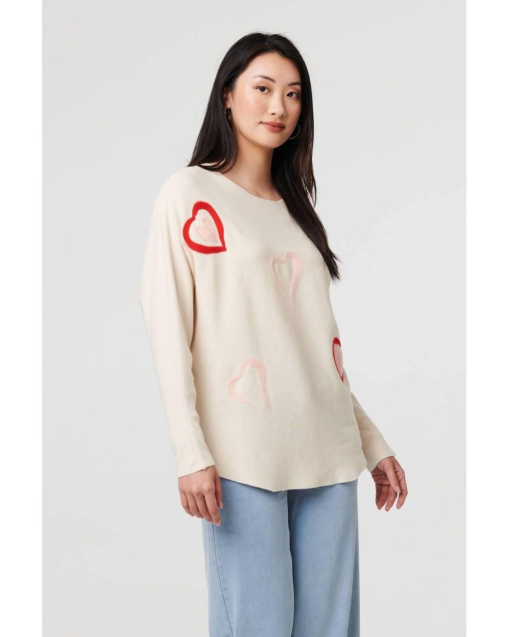Izabel London Natural Heart Print Batwing Sleeve Jumper