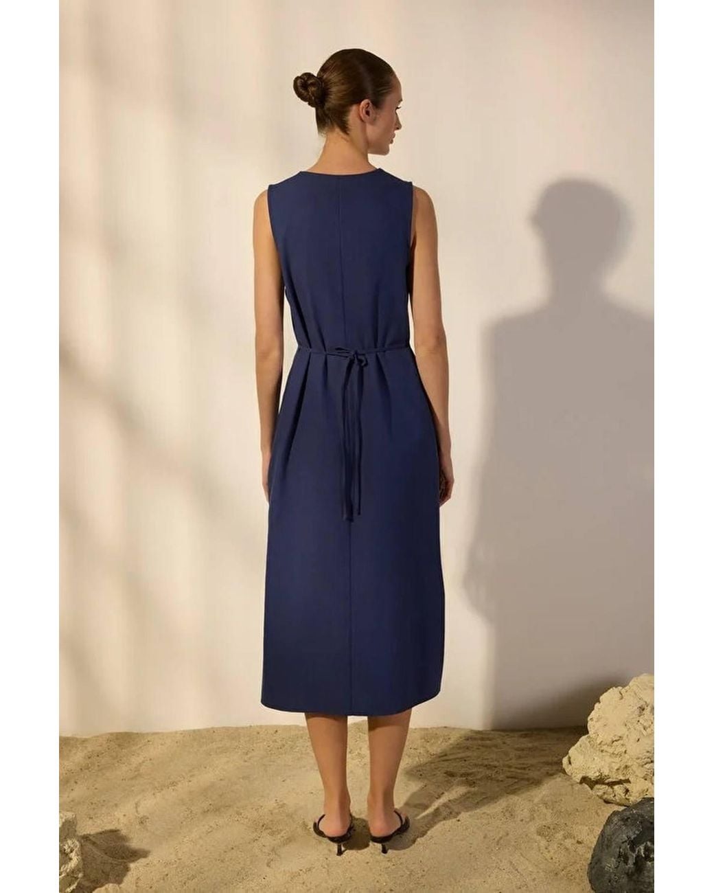WOVCOR Blue Belted Linen Blend V Neck Midi Shirt Dress