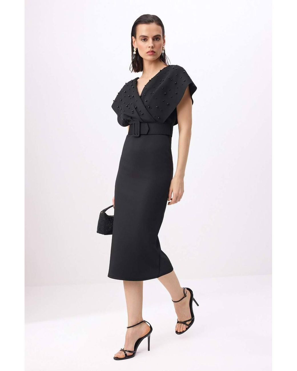 WOVCOR Blue Pearl Accessory Detail V-Neck Angel Sleeve Bodycon Belted Midi Dress