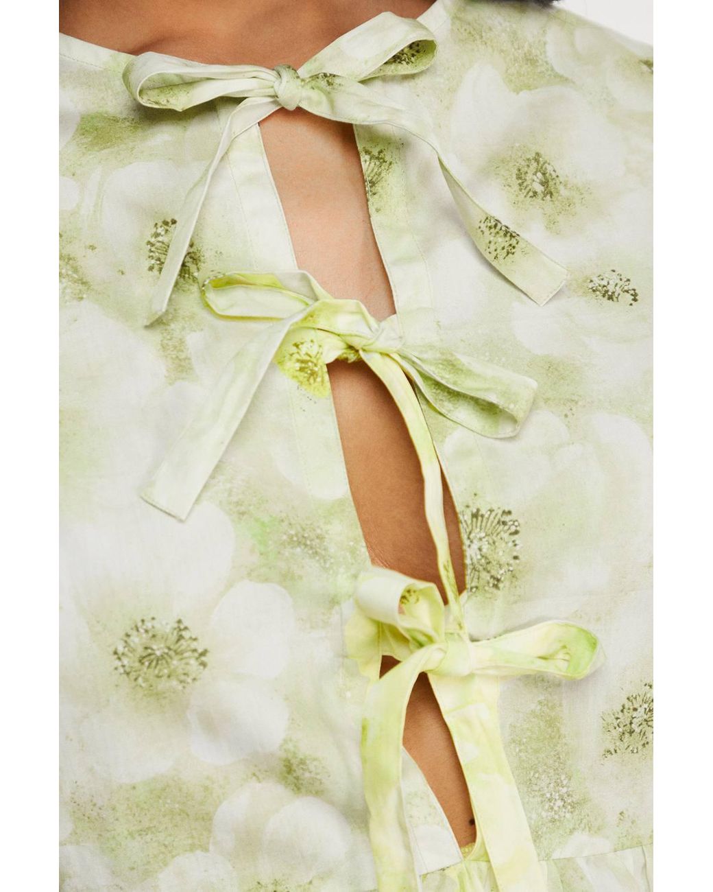 Warehouse Green Print Poplin Tie Front Volume Sleeve Blouse