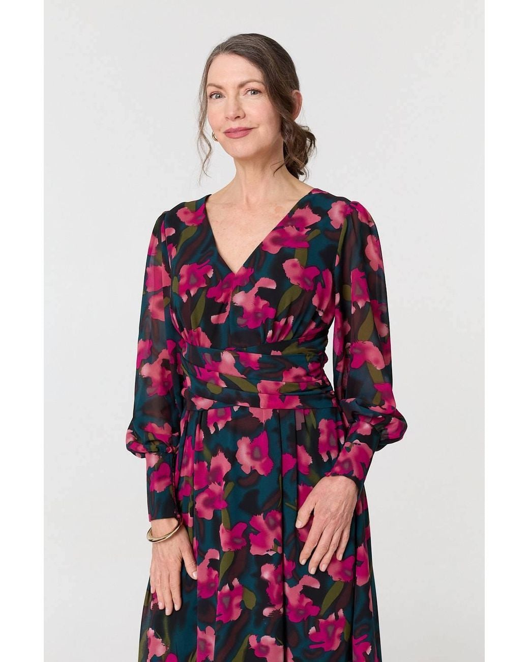 Izabel London Red Floral Ruched Long Sleeve Maxi Dress