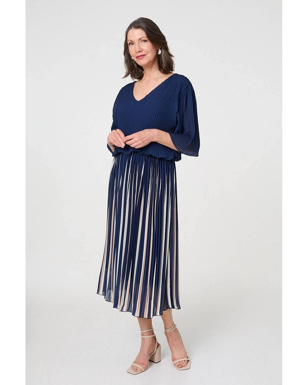 Izabel London Blue Striped Pleat 1/2 Sleeve Midi Dress