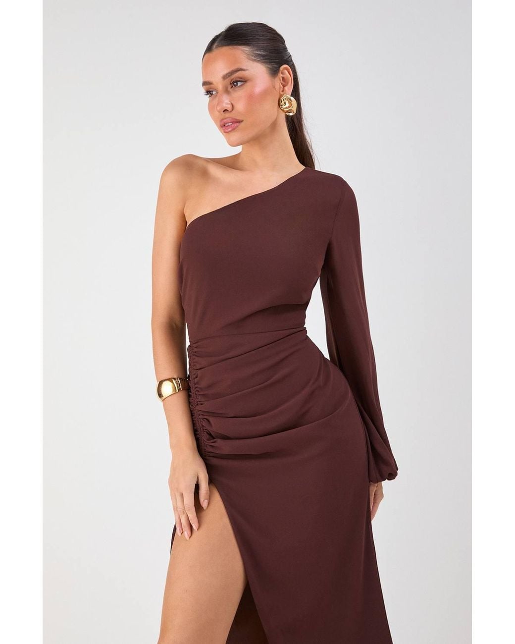 MissPap Brown One Shoulder Ruched Detail Maxi Dress