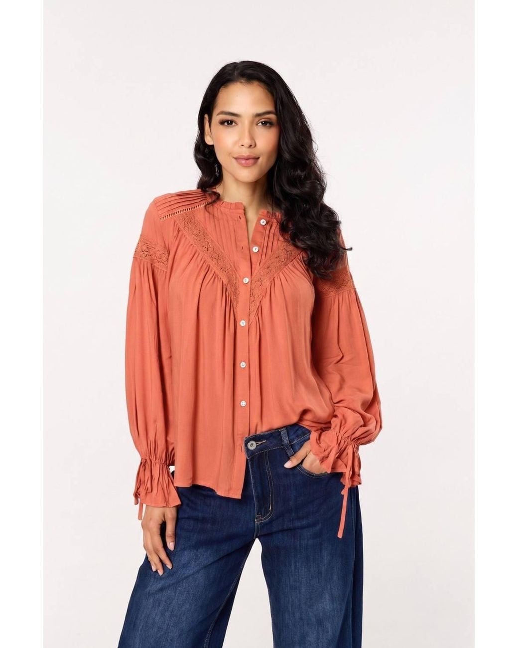 Liquorish Blue Rust Lace Detail Shirt