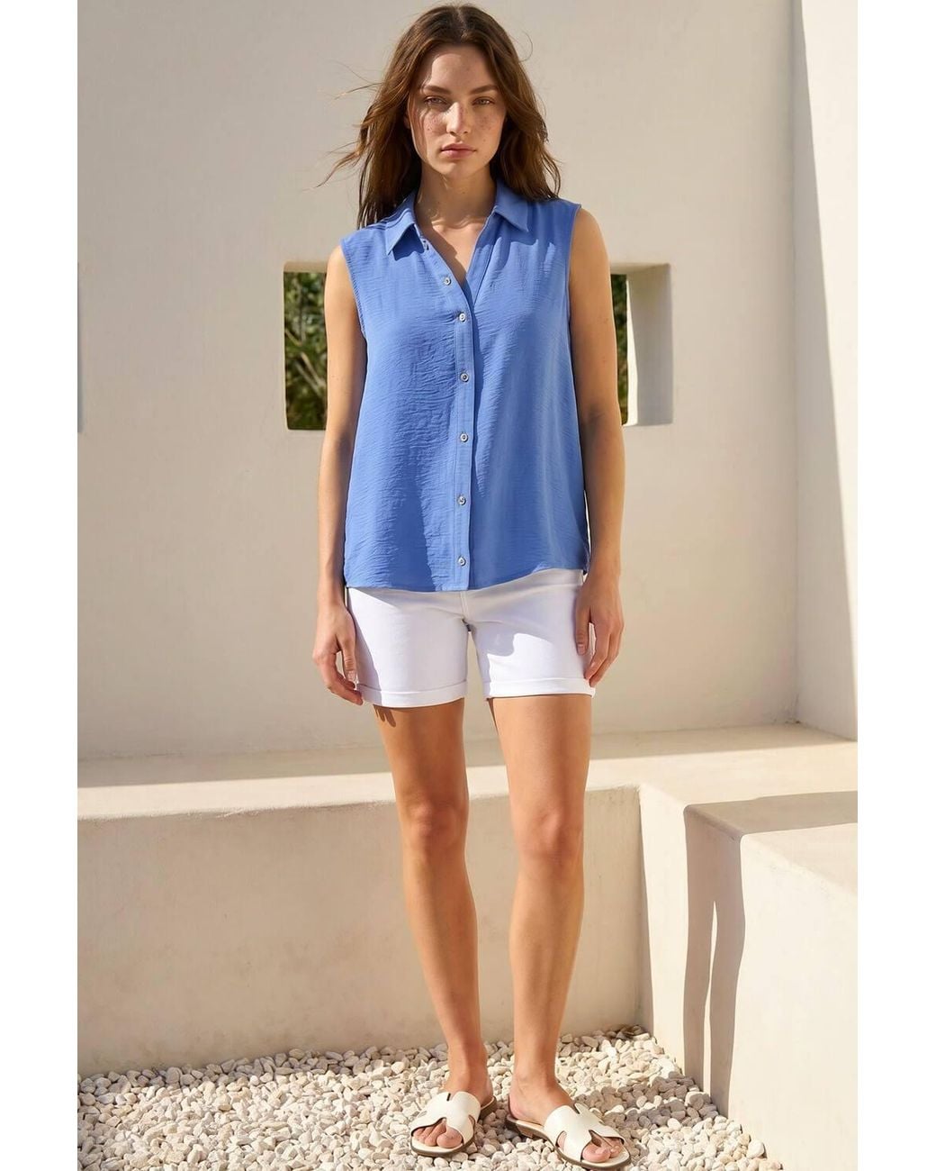 Roman Blue Petite Button Up Front Blouse