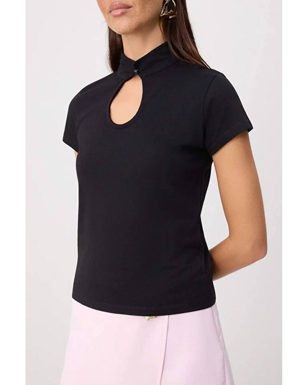 WOVCOR Black Regular Fit Keyhole Neck Short Sleeve Cotton Knit Blouse
