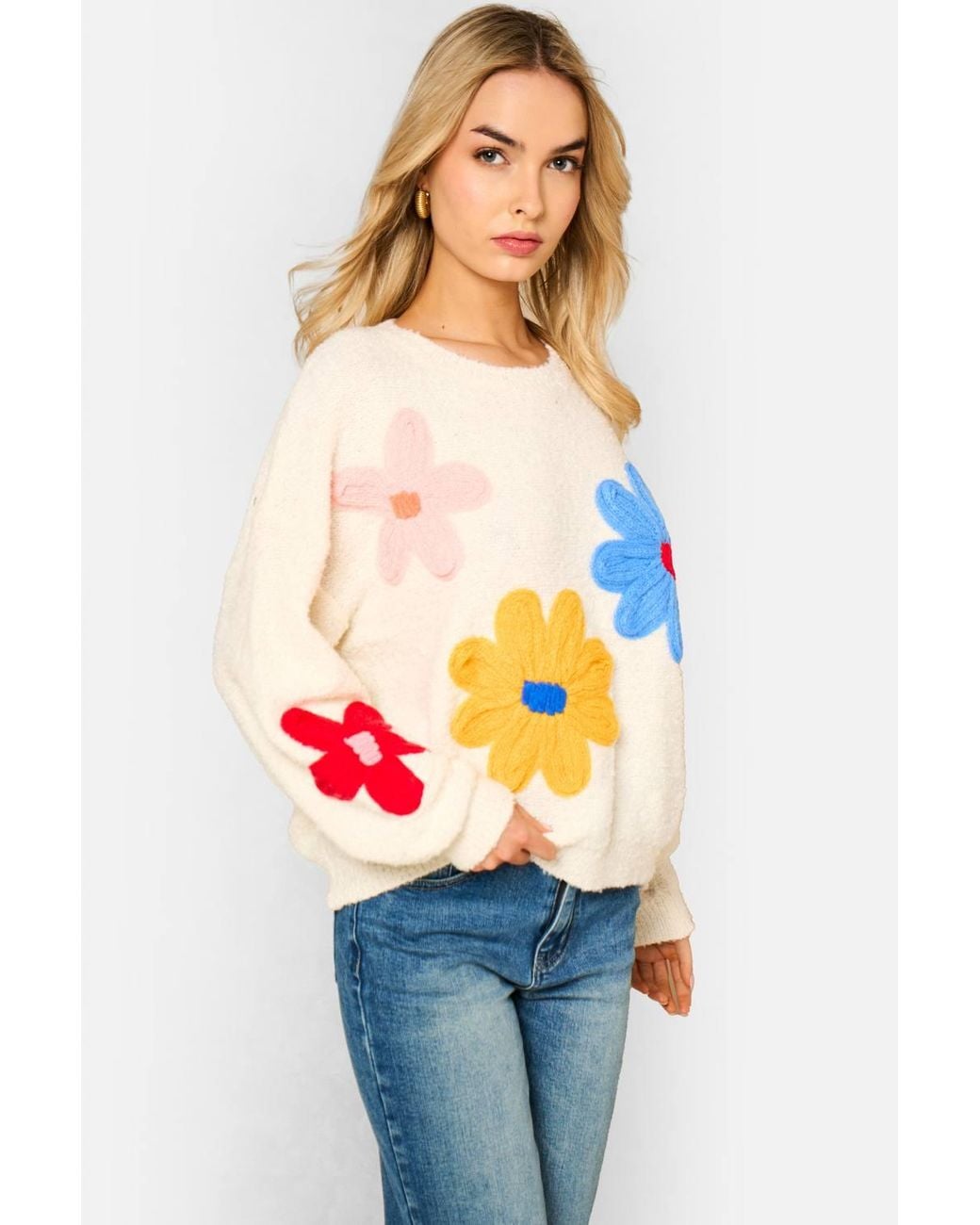 Gini London Blue 3D Flower Crochet Knitted Jumper