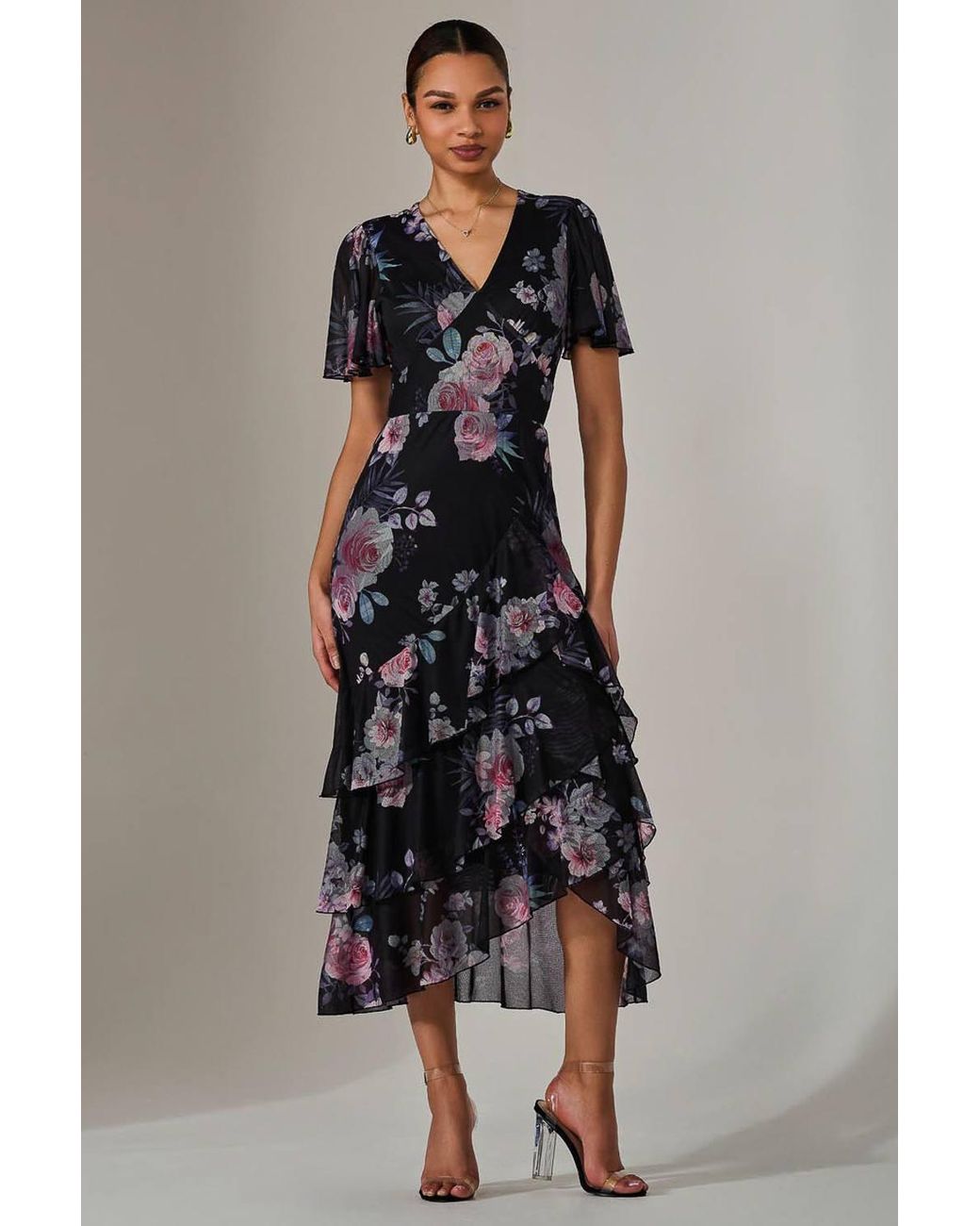 Jolie Moi Black Mesh Print Frill Hem Midaxi Dress